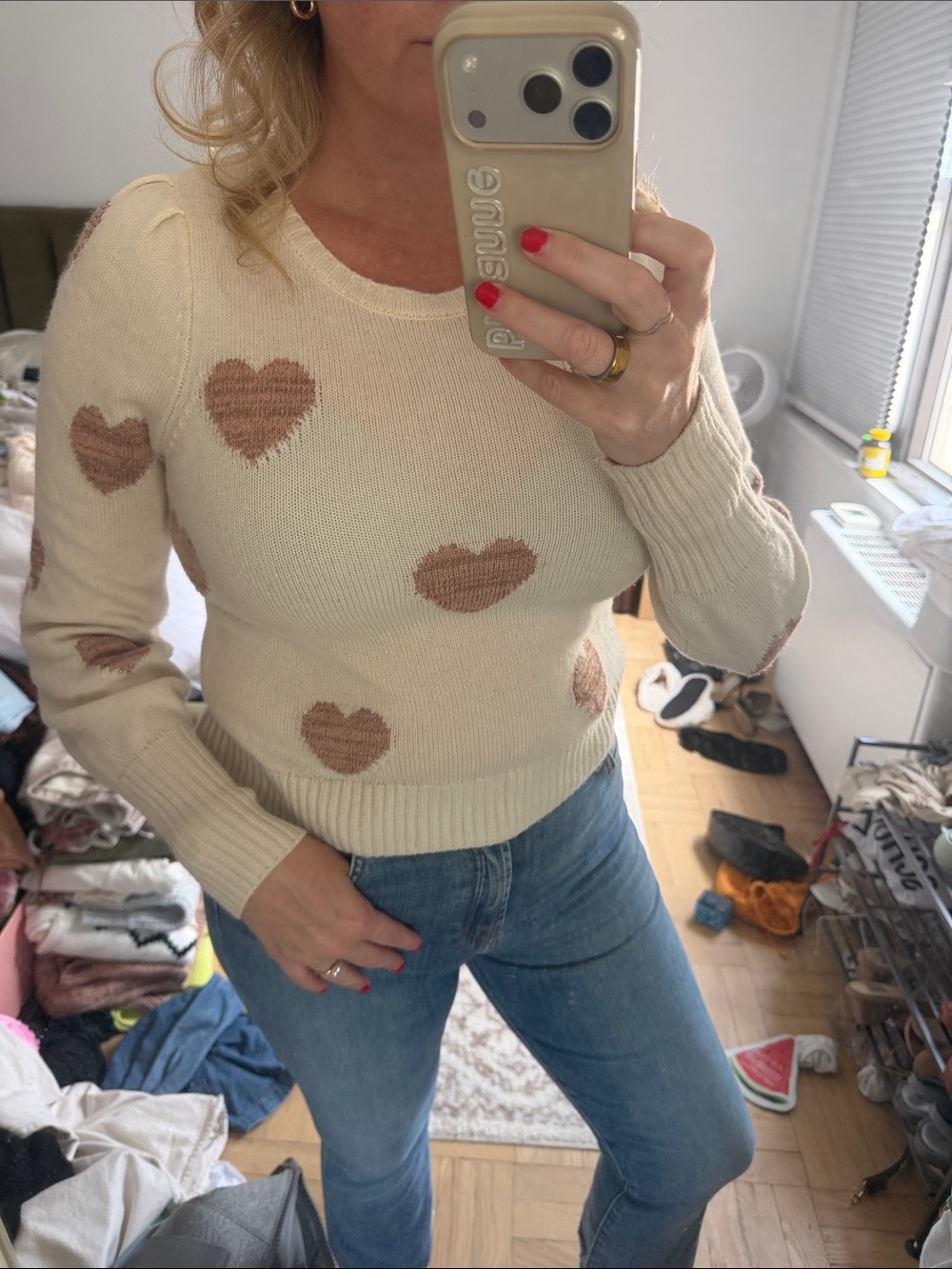 Splendid Cream Sweater with Tan Heart Motifs